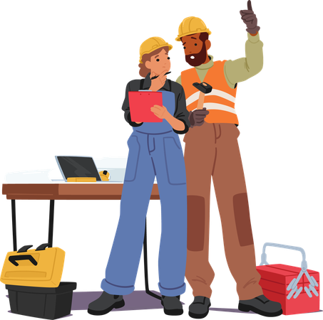 Man And Woman Builders Or Contractors Stand Next To Each Other At Table With Laptop And Tools Around  Illustration