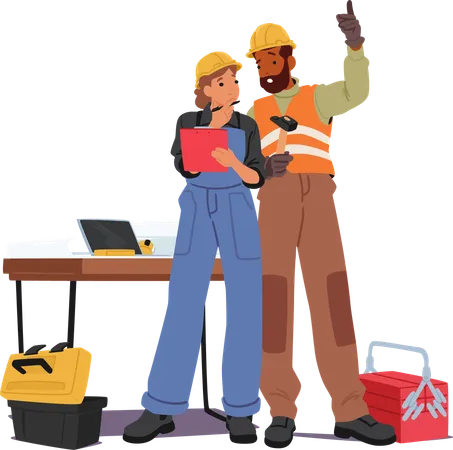 Man And Woman Builders Or Contractors Stand Next To Each Other At Table With Laptop And Tools Around  Illustration