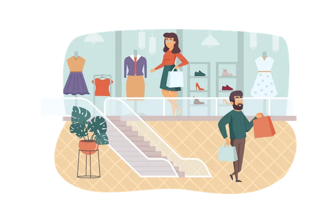 Man and woman buying stylish clothes and shoes  Illustration