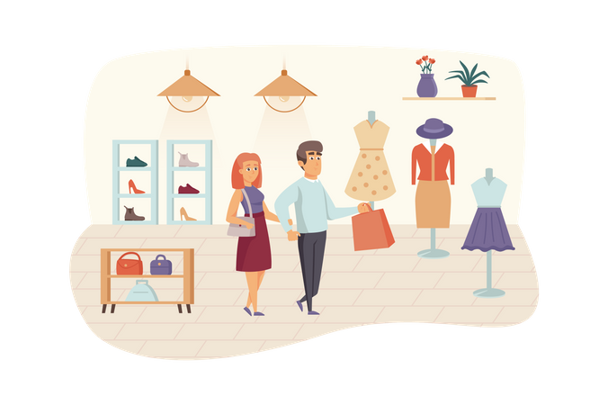 Man and woman buying stylish clothes, shoes and bags  Illustration