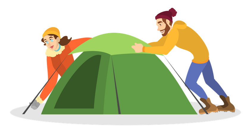Man and woman camper installing tent Illustration