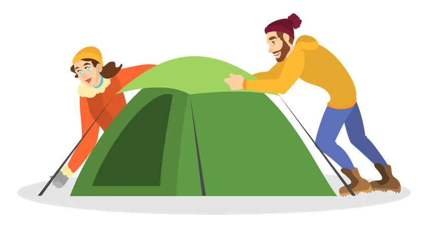 Man and woman camper installing tent  Illustration