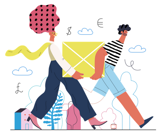 Man and woman carrying box together  Illustration