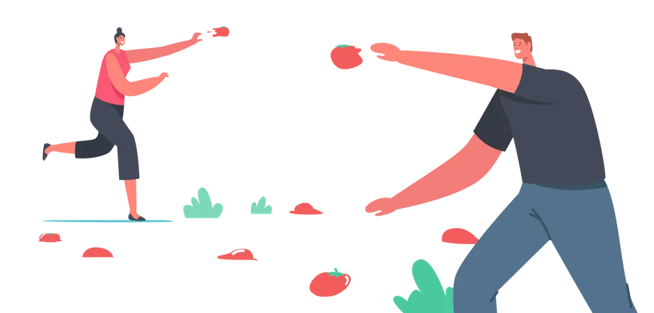 Man and Woman celebrating la tomatina festival by throwing tomatoes  イラスト
