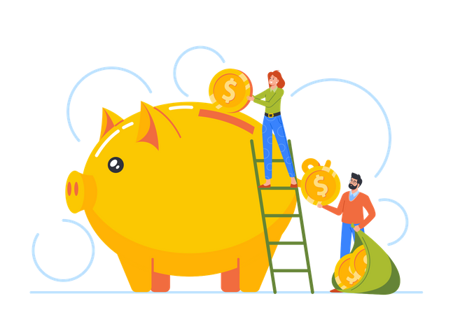 Man And Woman Characters Standing On Ladder Throw Golden Coins Into Huge Piggy Bank  Illustration