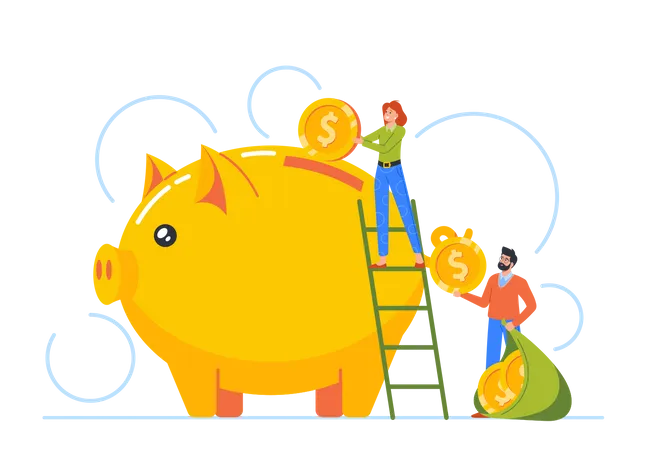 Man And Woman Characters Standing On Ladder Throw Golden Coins Into Huge Piggy Bank  Illustration