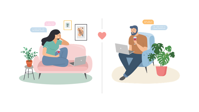 Man and woman chatting in lockdown  Illustration