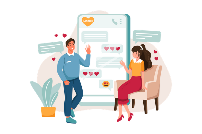 Man and woman chatting on dating app Illustration