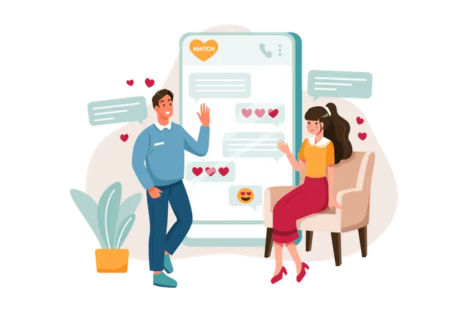 Man and woman chatting on dating app Illustration