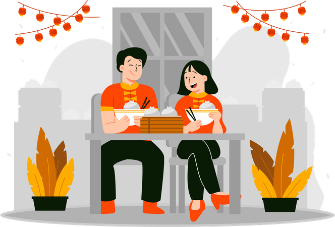 Man and woman chatting while eating  Illustration