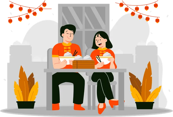 Man and woman chatting while eating  Illustration