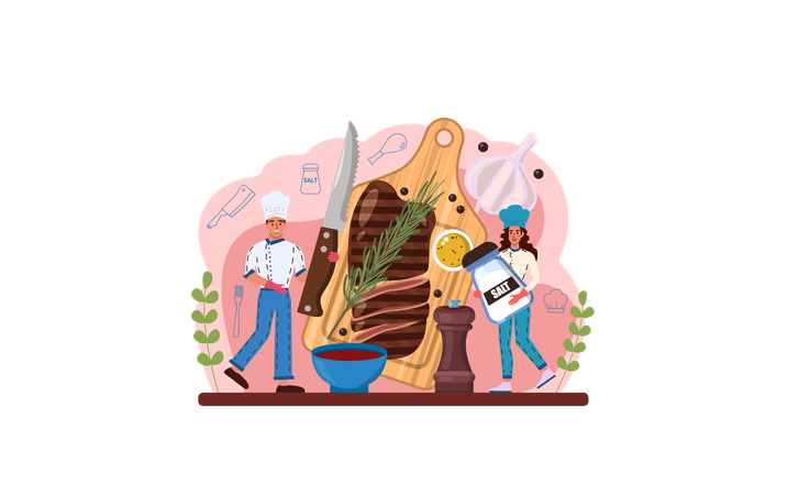 Man and woman chef cooking beef  Illustration
