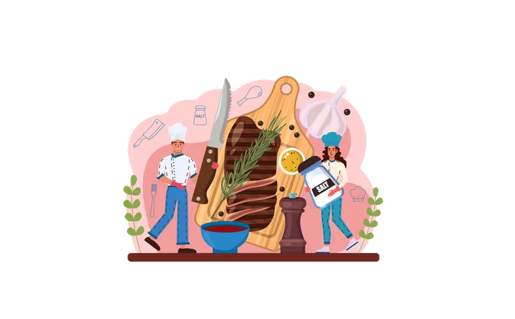 Steak Web Banner Or Landing Page People Cutting Beef And Cooking Tasty Grilled Meat With Sauces And Seasonings Delicious Barbecue Beef On The Plate Roasted Restaurant Meal Vector Illustration Illustration