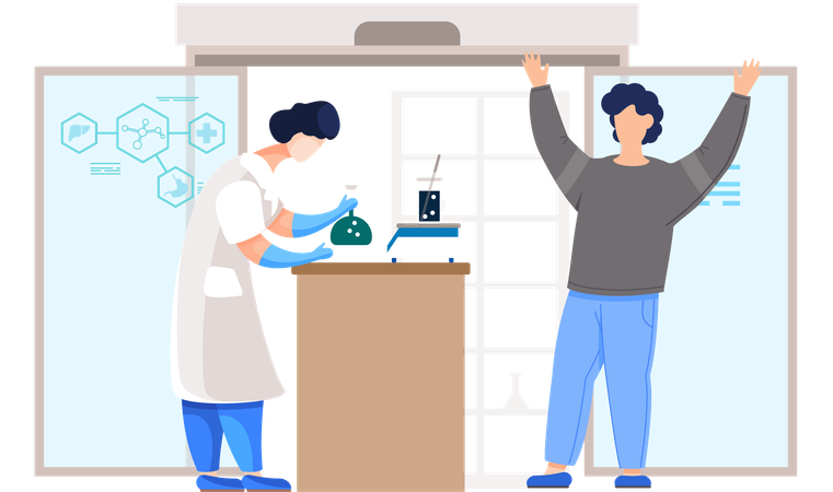 Man and woman chemists with test tubes and flasks  Illustration