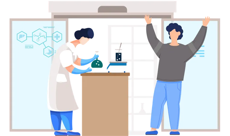 Man and woman chemists with test tubes and flasks  Illustration