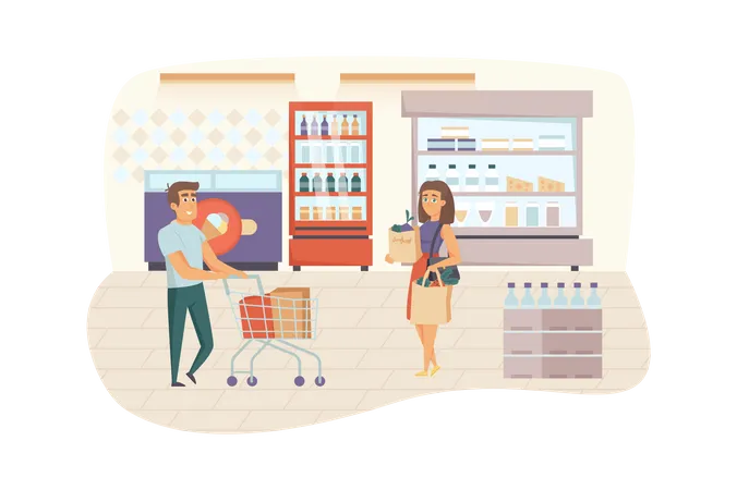 Man and woman choosing and buying food at grocery store Illustration