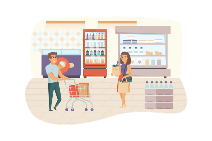 Man and woman choosing and buying food at grocery store  Illustration