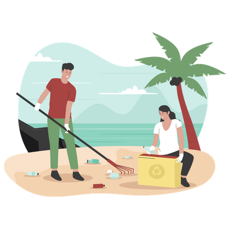 Man and woman cleaning beach from trash  Illustration