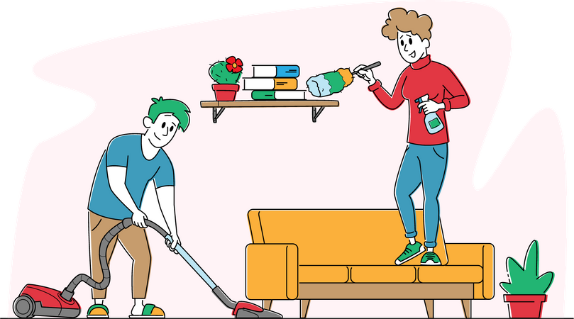 Man and Woman Cleaning House Together in Room Illustration