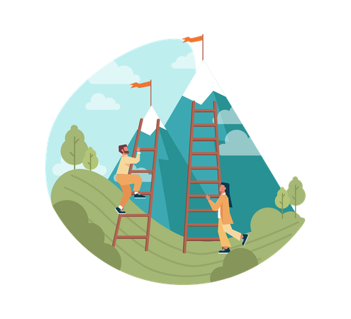 Man and woman climbing on montain using ladder  Illustration