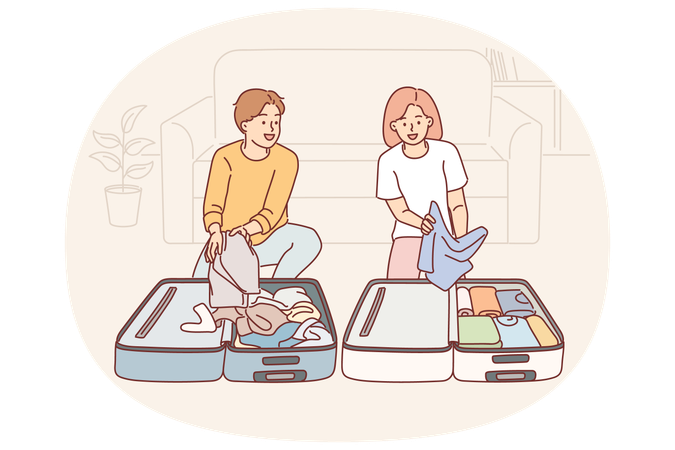 Man and woman collecting baggage preparing to go on trip and kneeling near travel suitcases  Illustration