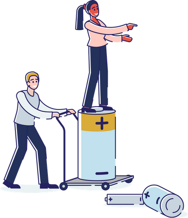 Man And Woman Collecting Used Batteries To Throw Into Garbage Container Illustration