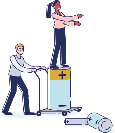 Man And Woman Collecting Used Batteries To Throw Into Garbage Container  Illustration