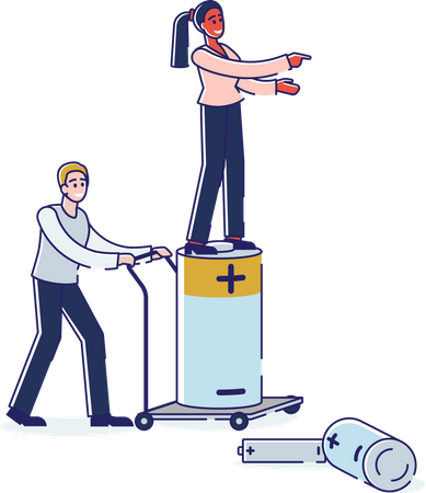 Man And Woman Collecting Used Batteries To Throw Into Garbage Container  Illustration