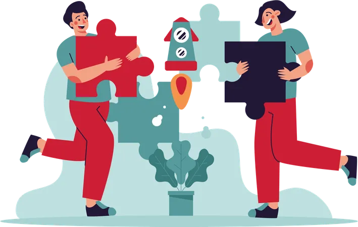 Man and woman collecting work puzzles  Illustration