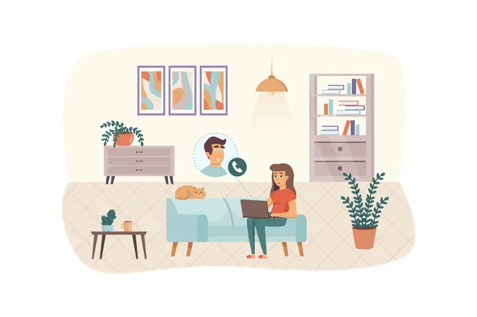 Man And Woman Communicate On Video Call Scene Video Conference Or Online Meeting From Home Communication Technology Remote Work Concept Vector Illustration Of People Characters In Flat Design Illustration