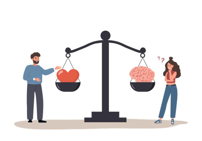 Man And Woman Comparing Logic Thinking And Emotion On Scale  Illustration