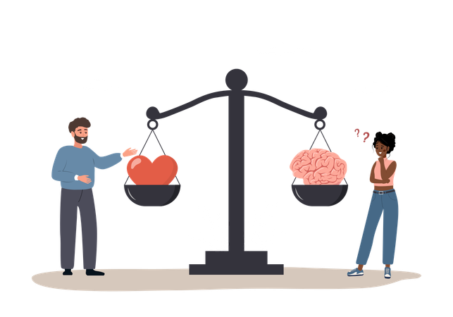 Man And Woman Comparing Logic Thinking And Emotion On Scale  Illustration