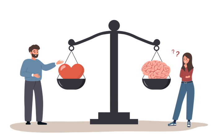 Man And Woman Comparing Logic Thinking And Emotion On Scale  Illustration