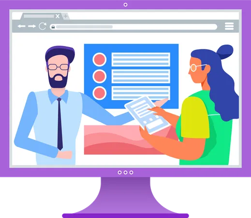 Man and woman conduct online lesson on monitor  Illustration