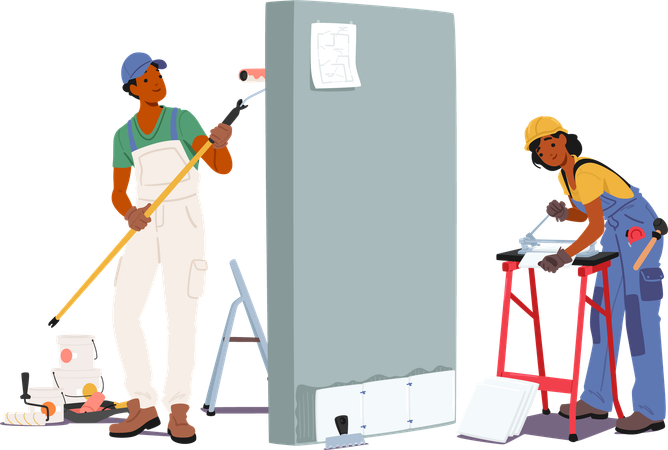 Man And Woman Construction Workers Or Builders Wearing Workwear And Hardhats Painting Wall And Sawing Tiles  Illustration