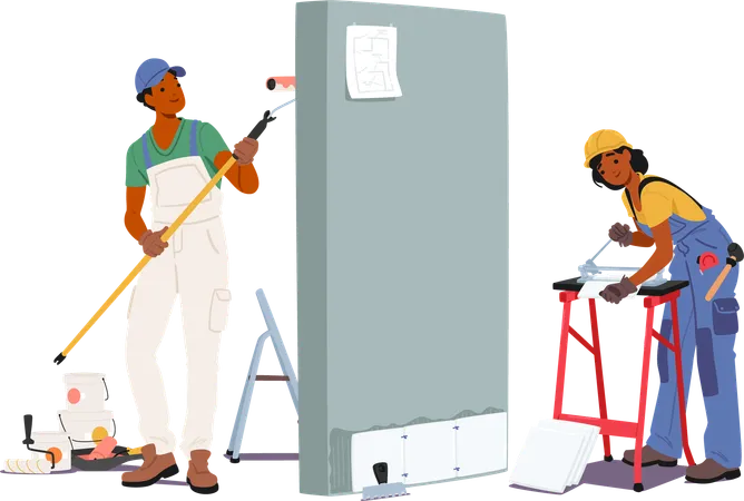 Man And Woman Construction Workers Or Builders Wearing Workwear And Hardhats Painting Wall And Sawing Tiles  Illustration