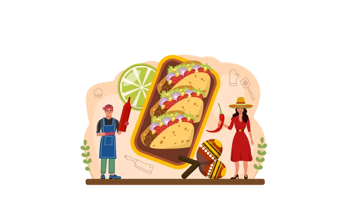 Tacos Web Banner Or Landing Page Traditional Mexican Fast Food With Meat And Vegetable Tortilla With Different Toppings Lettuce Leave Cheese Tomato Forcemeat Sauce Flat Vector Illustration Illustration