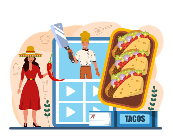 Man and woman cook online making Tacos  イラスト