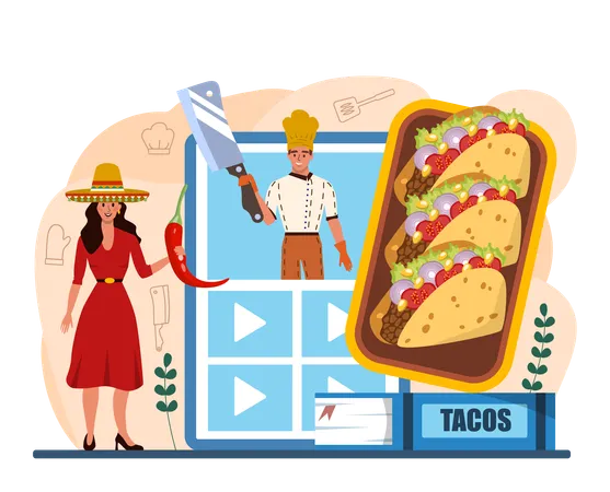 Tacos Online Service Or Platform Traditional Mexican Fast Food With Meat And Vegetable Tortilla With Different Toppings Video Blog Flat Vector Illustration イラスト