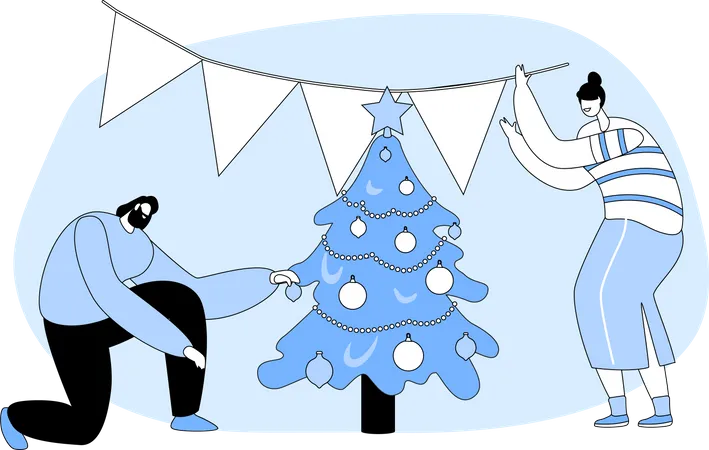 Man and Woman Couple Decorate Christmas Tree  Illustration