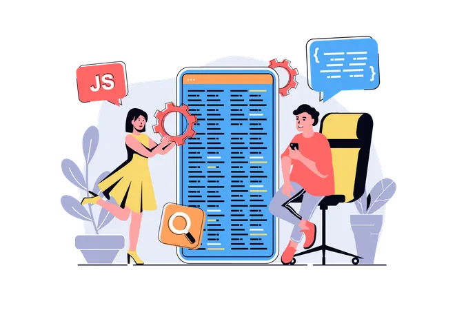 Man and woman creating mobile interface layout  Illustration