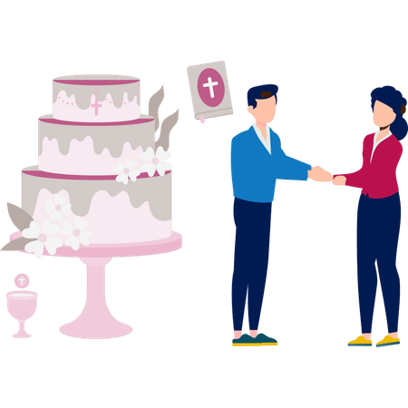 Man and woman cutting Christmas cake  Illustration