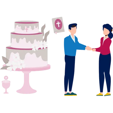 Man and woman cutting Christmas cake  Illustration
