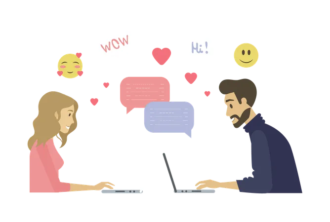 Man And Woman Using Laptop For Meeting Online Dating In Social Network Side View Of Couple Characters Online Love Message And Smile Icons Love And Internet Vector Illustration