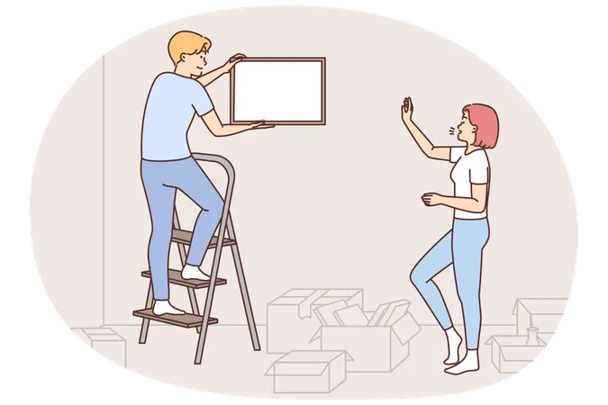 Man and woman decorate home with paintings settle in new shared dwelling  Illustration