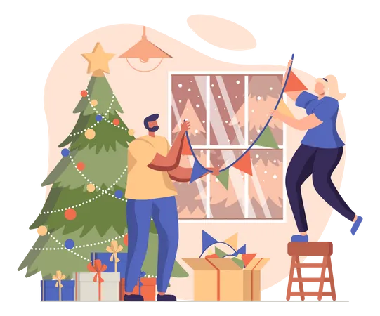 Man And Woman Decorating House On Christmas Illustration