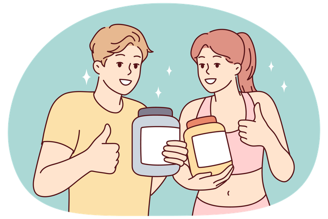 Man and woman demonstrating jars for sports supplements and showing thumbs up  Illustration