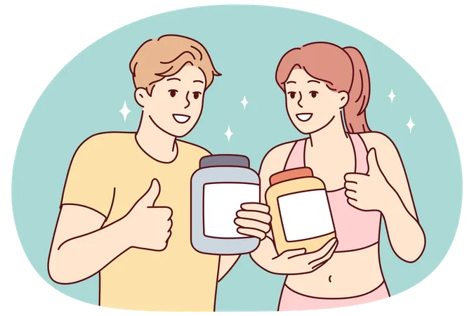 Man and woman demonstrating jars for sports supplements and showing thumbs up  Illustration