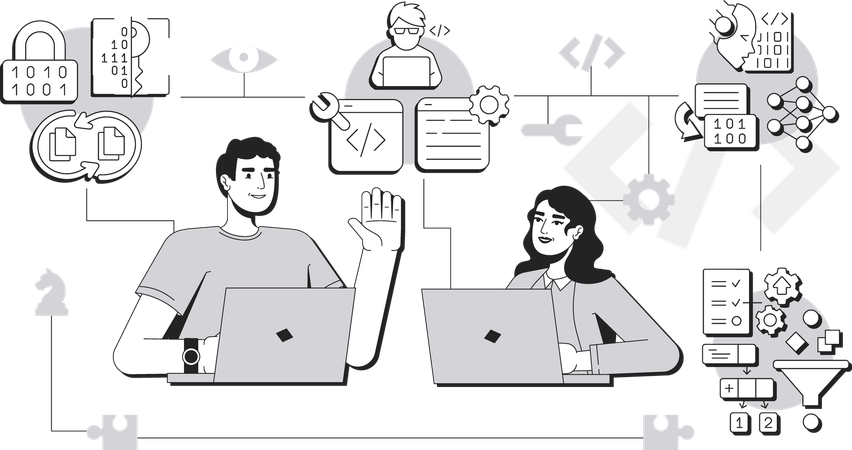 Man and Woman discuss on Coding basics  Illustration