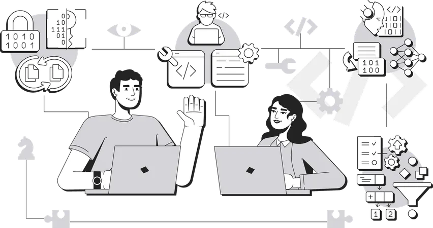 Man and Woman discuss on Coding basics  Illustration